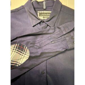 Zara Man Slim Fit Navy Blue Large Shirt With Plaid Elbow‎ Patches